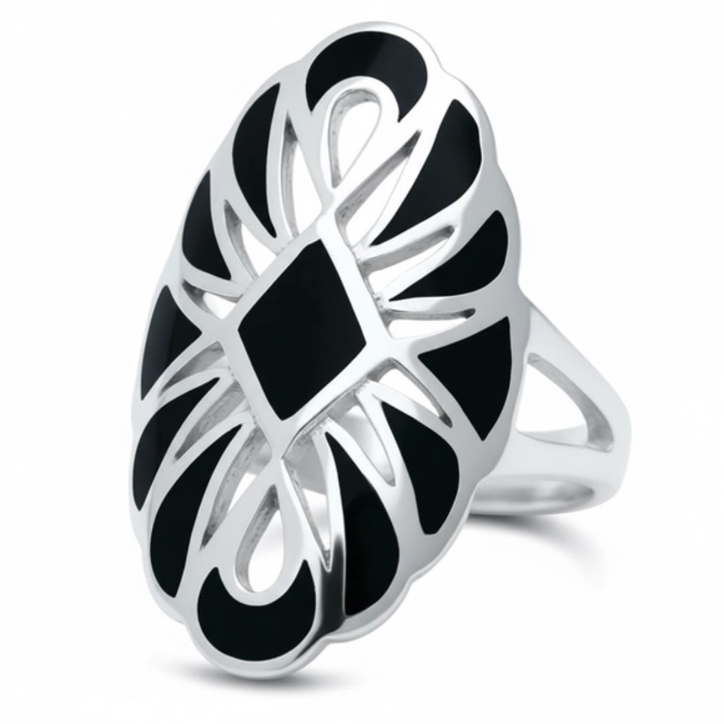 Womens Sterling Silver 925 Black Onyx Oval Filigree Cocktail Ring